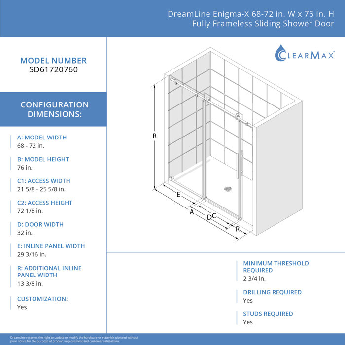 DreamLine 68" 72" W x 76" H Single Sliding Frameless Shower Door with